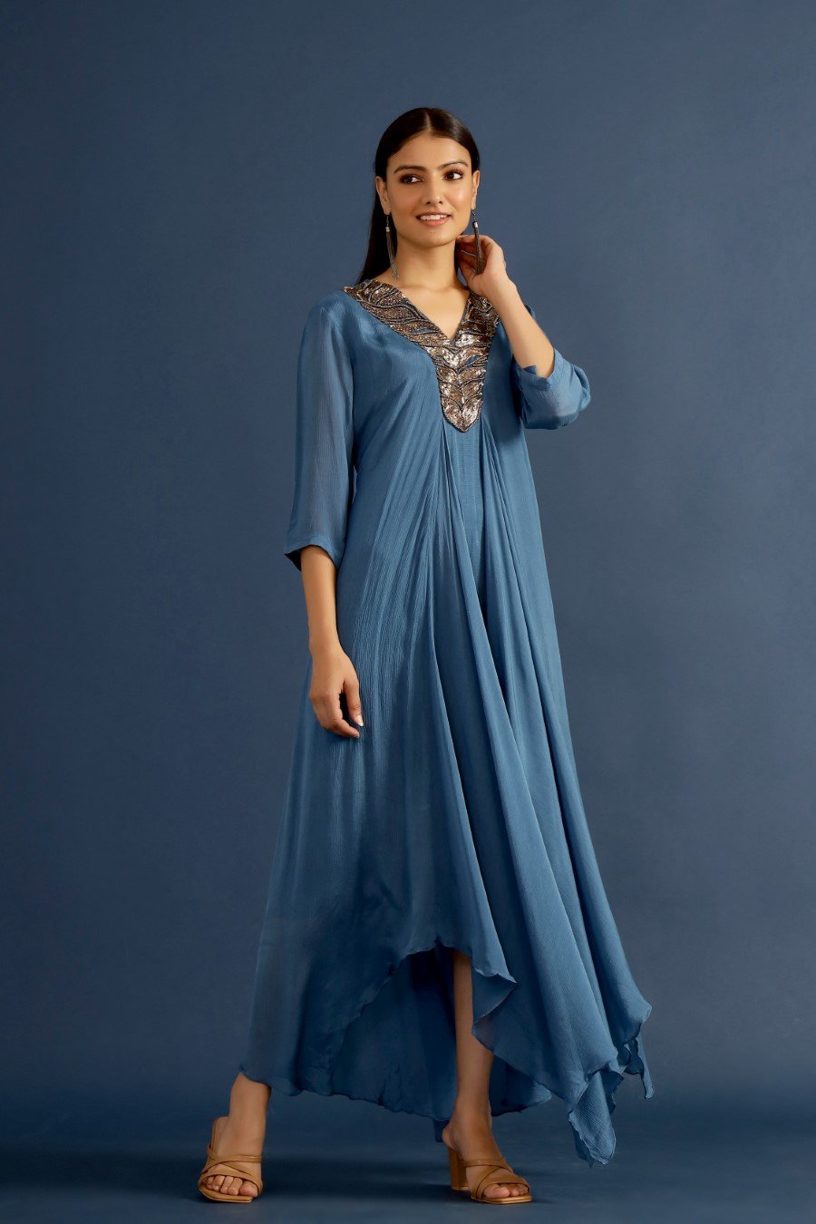 Steel Blue Pure Chinon Asymmetrical Dress
