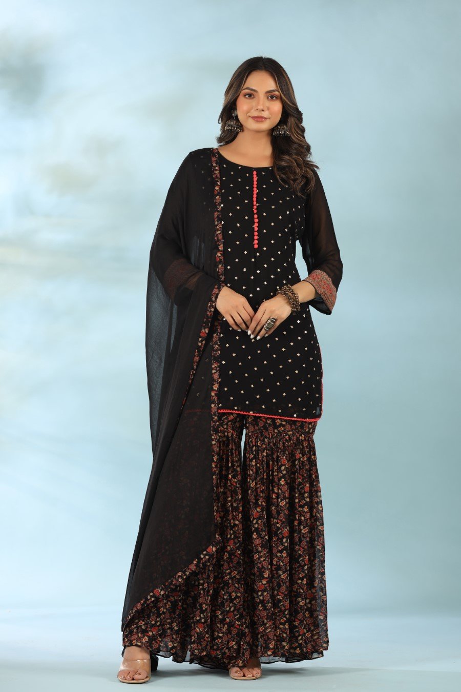 Black Embellished Kurta with Floral Sharara Set
