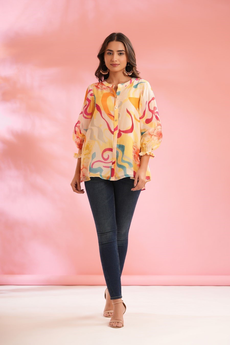 Off White Colourful Printed Crepe Silk Top