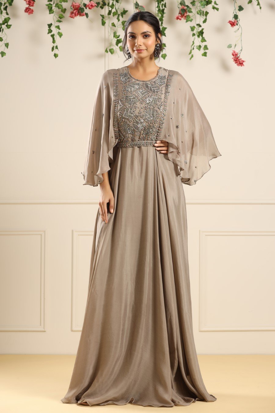 Dusky Grey Embellished Chinon Silk Gown With Belt