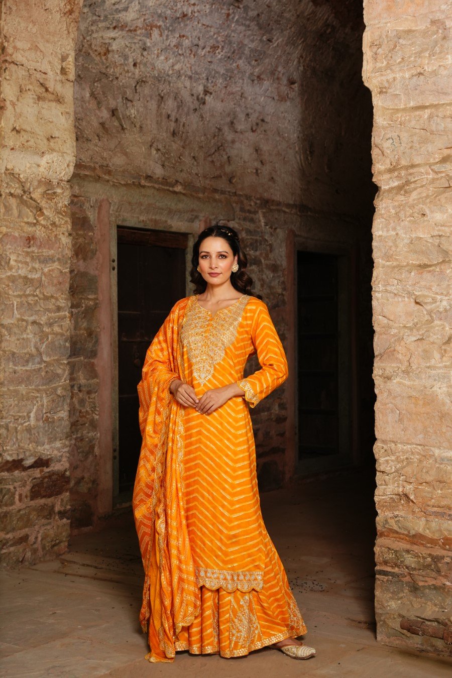 Amber Yellow Leheriya Embroidered Sharara Set