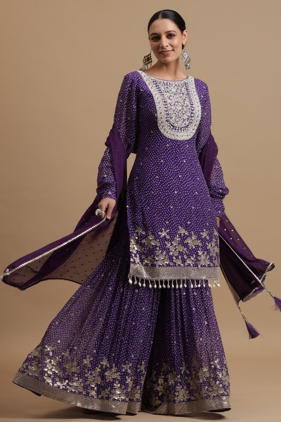 Purple Bandhej Printed &amp; Embroidered Sharara Set