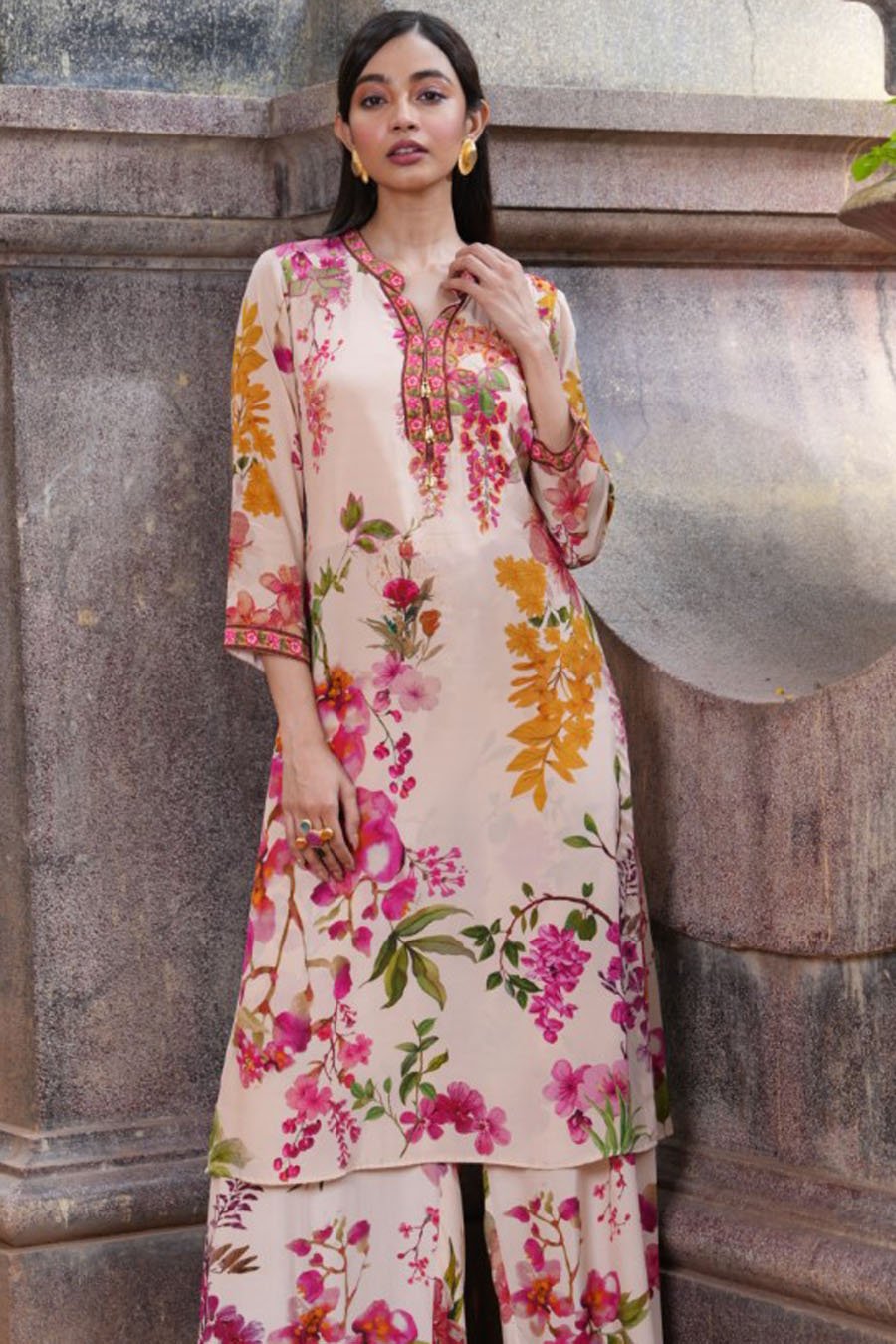 Peach Floral Embroidered Kurta with Palazzo
