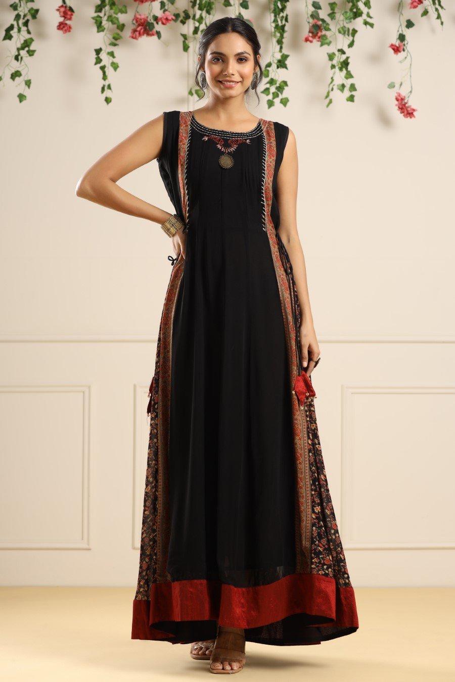 Black Printed Georgette Silk Long Dress