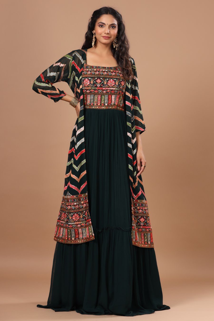 Alluring Bottle Green Resham Embroidered Dress With Cape