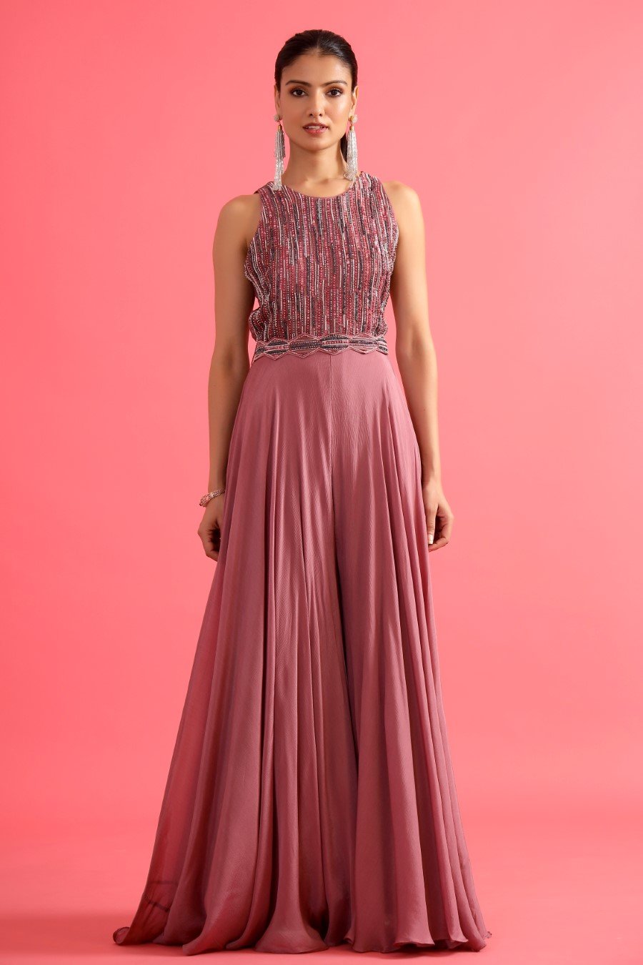 Mulberry Pink Embellished Chinon Silk Gown with Belt