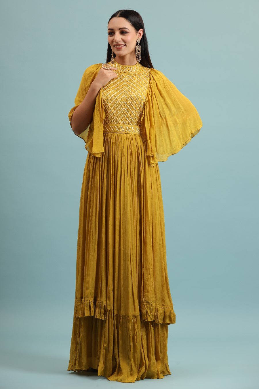 Bright Yellow Embellished Chinon Silk Gown