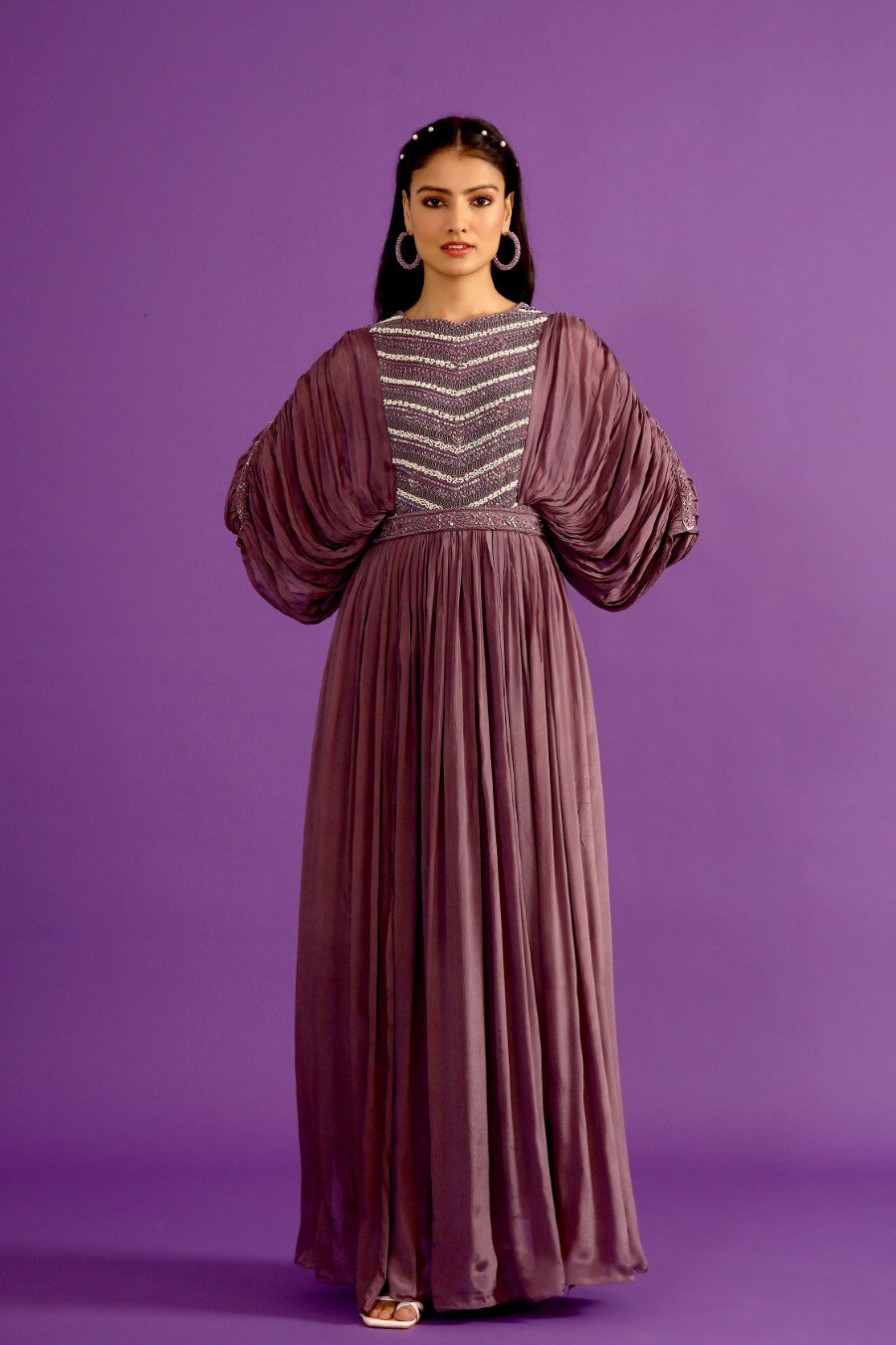 Dusky Purple Embellished Chinon Silk Gown with Belt