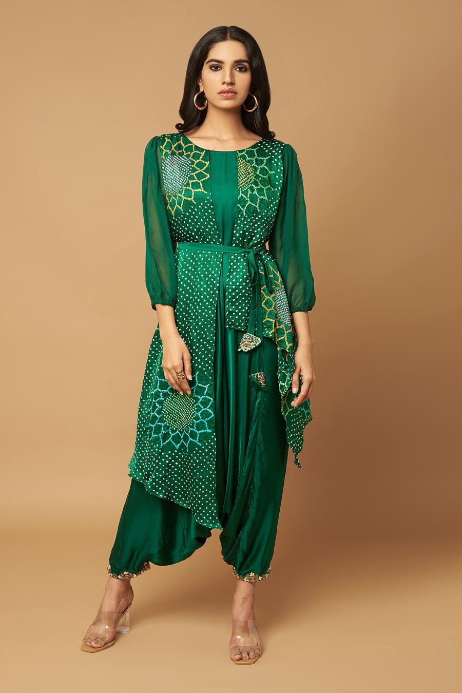 Emerald Green Bandhani Cape With Cowl Jumpsuit