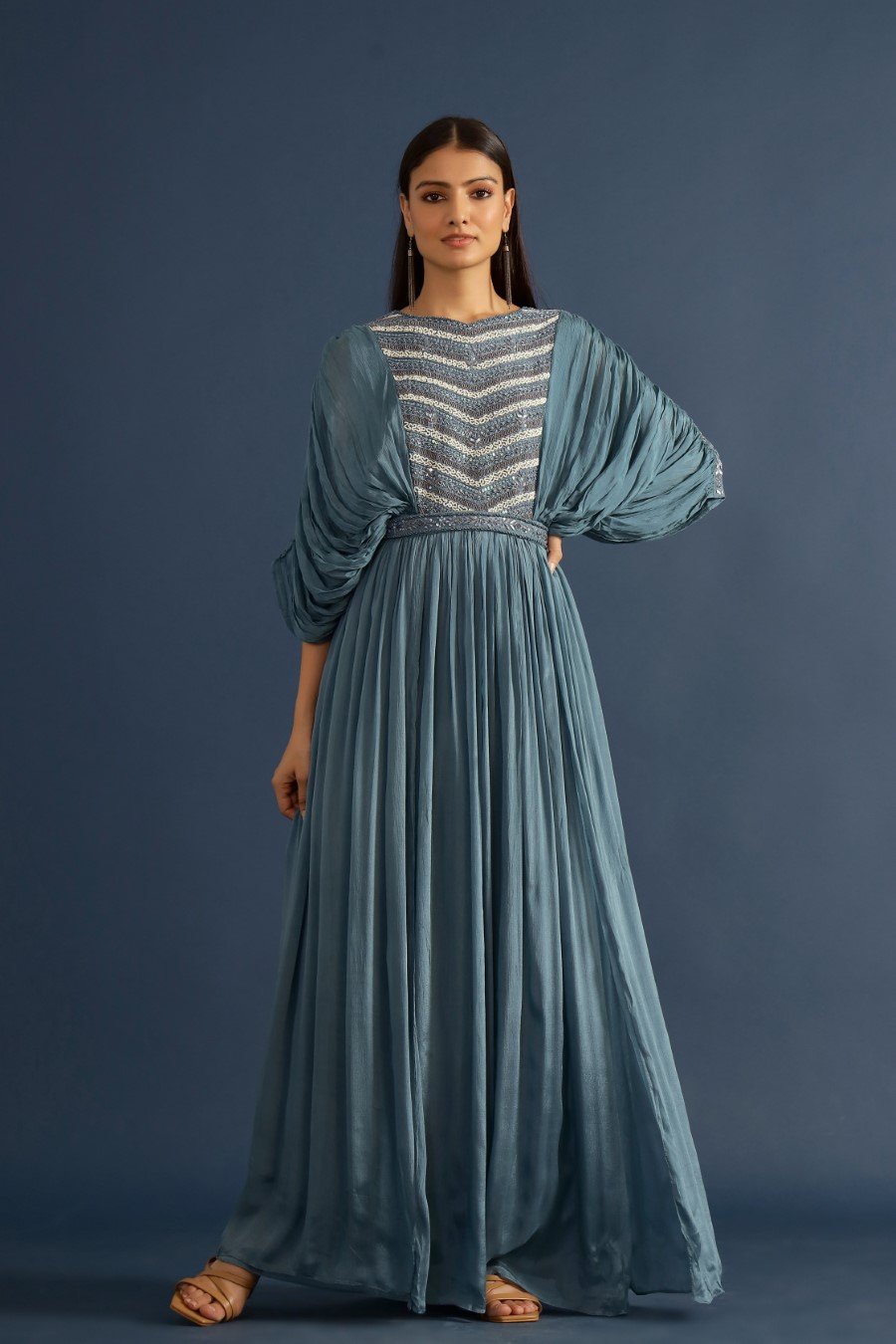 Dusky Blue Embellished Chinon Silk Gown with Belt