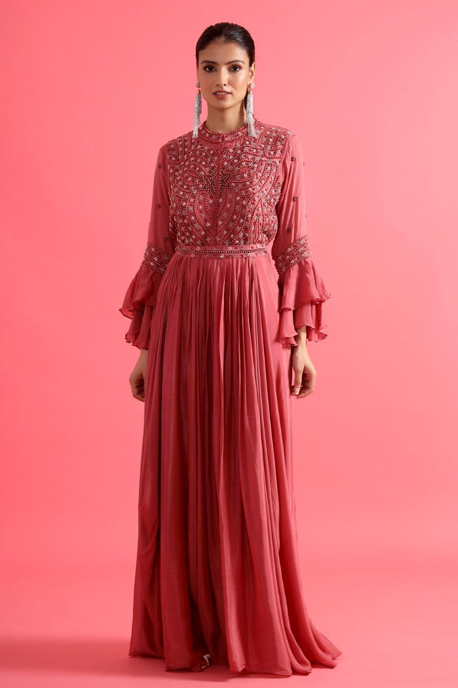 Mulberry Pink Embellished Chinon Silk Gown
