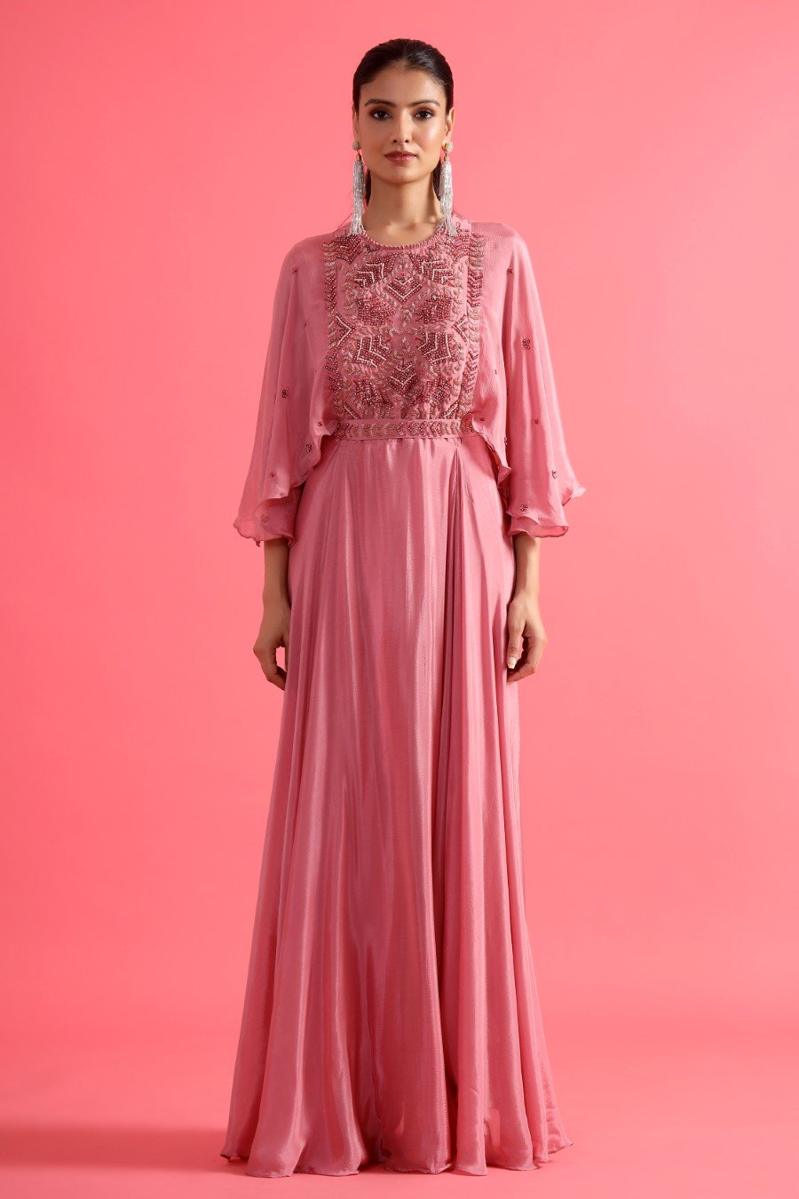 Chic Pink Embellished Chinon Silk Gown with Belt