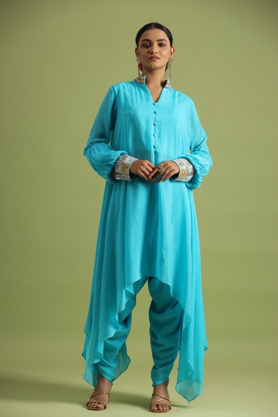 Turquoise Asymmetrical Tunic With Dhoti Pants
