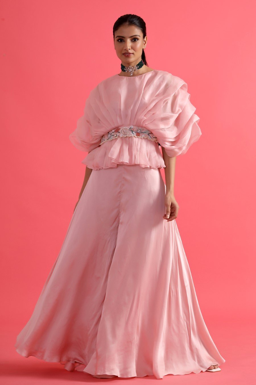 Quartz Pink Pleated Top with Flared Palazzo