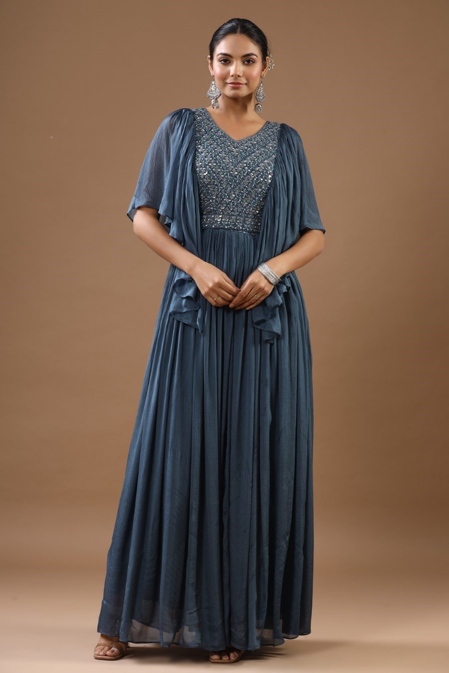 Steel Blue Chinon Silk Embellished Gown