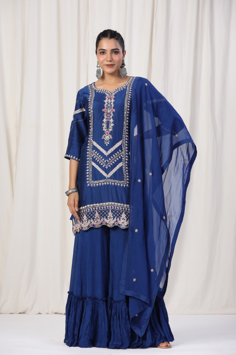 Royal Blue Hand Embroidered Lotus Silk Sharara Set
