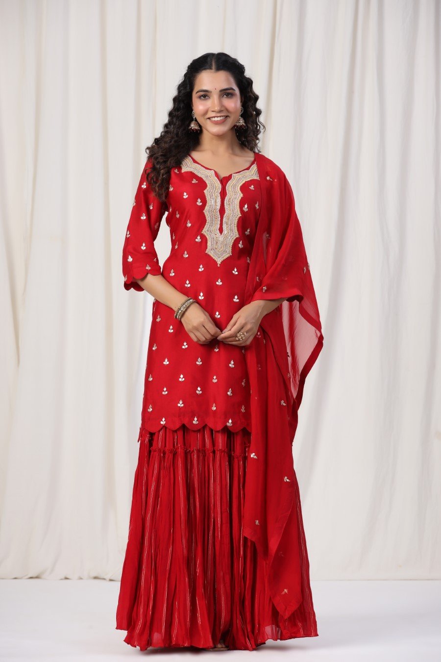 Scarlet Red Zari Embroidered Lotus Silk Sharara Set