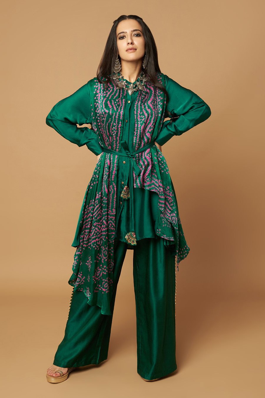 Emerald Handmade Bandhani Draped Tunic With Palazzo