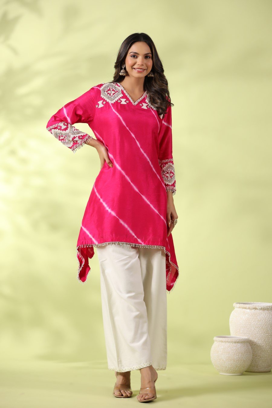 Pink Tie-dyed &amp; Embroidered Asymmetrical Kurta with Palazzo