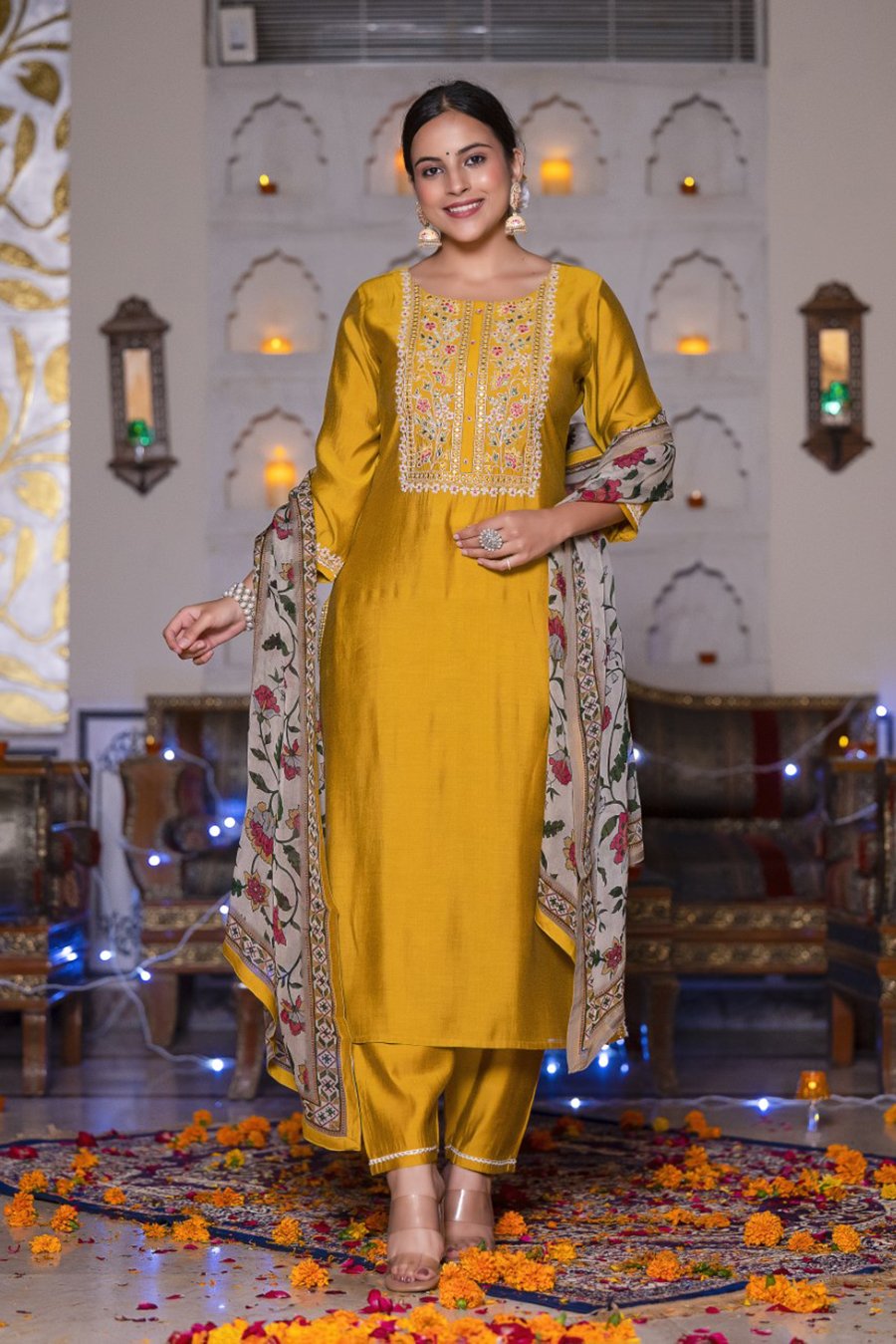 Mustard Floral Embroidered Kalamkari Kurta Set