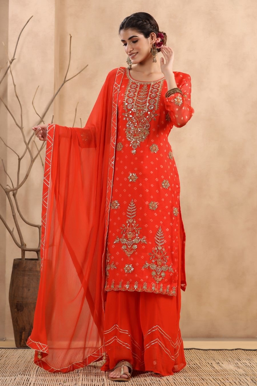 Cherry Red Bandhej Embroidered Palazzo Set