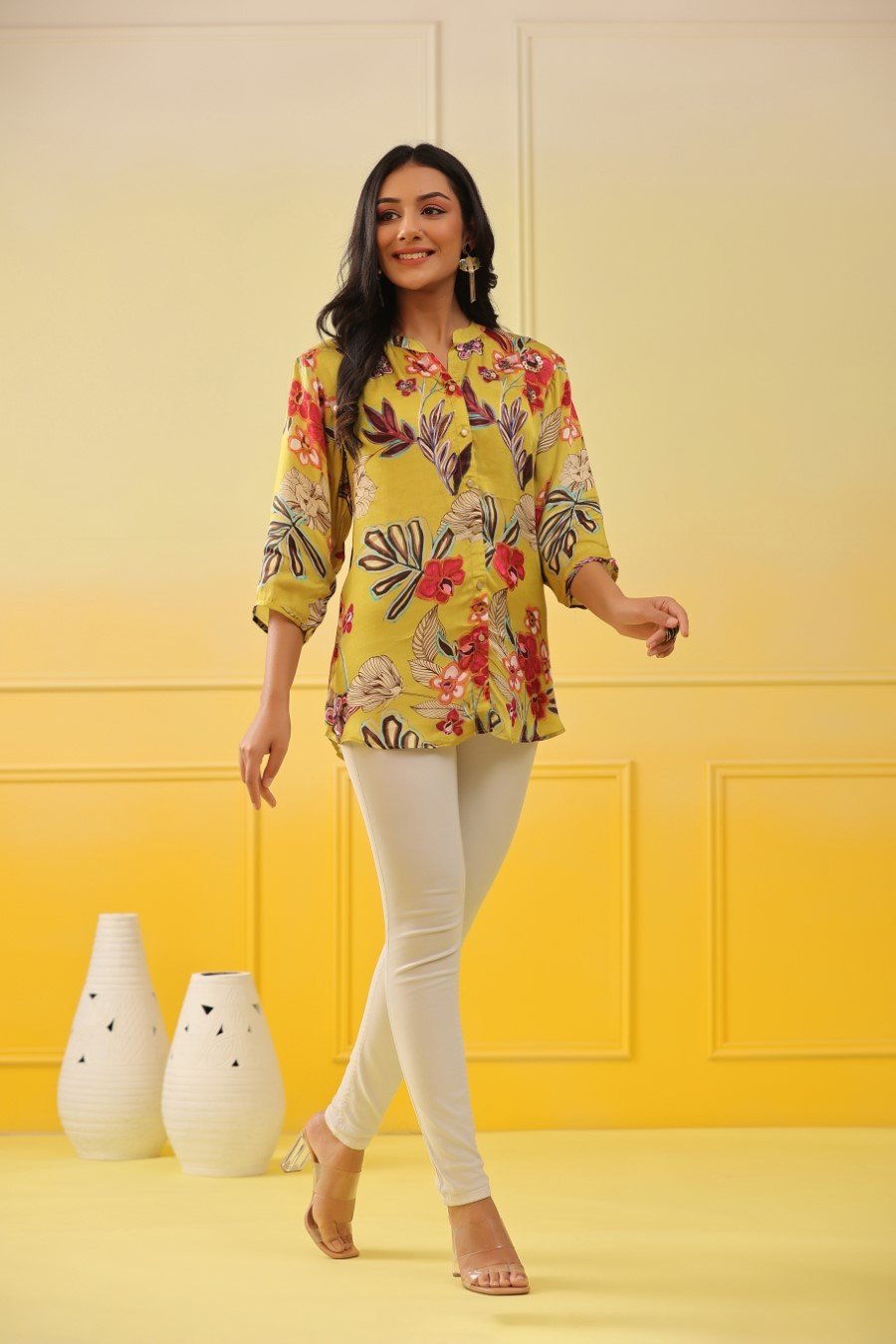 Bright Yellow Floral Crepe Silk Top
