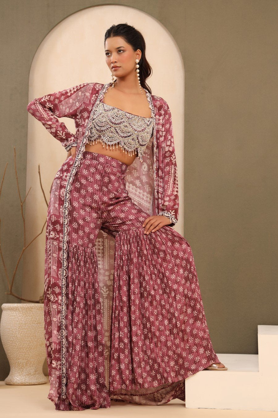 Mulberry Pink Embellished Sharara with Cape