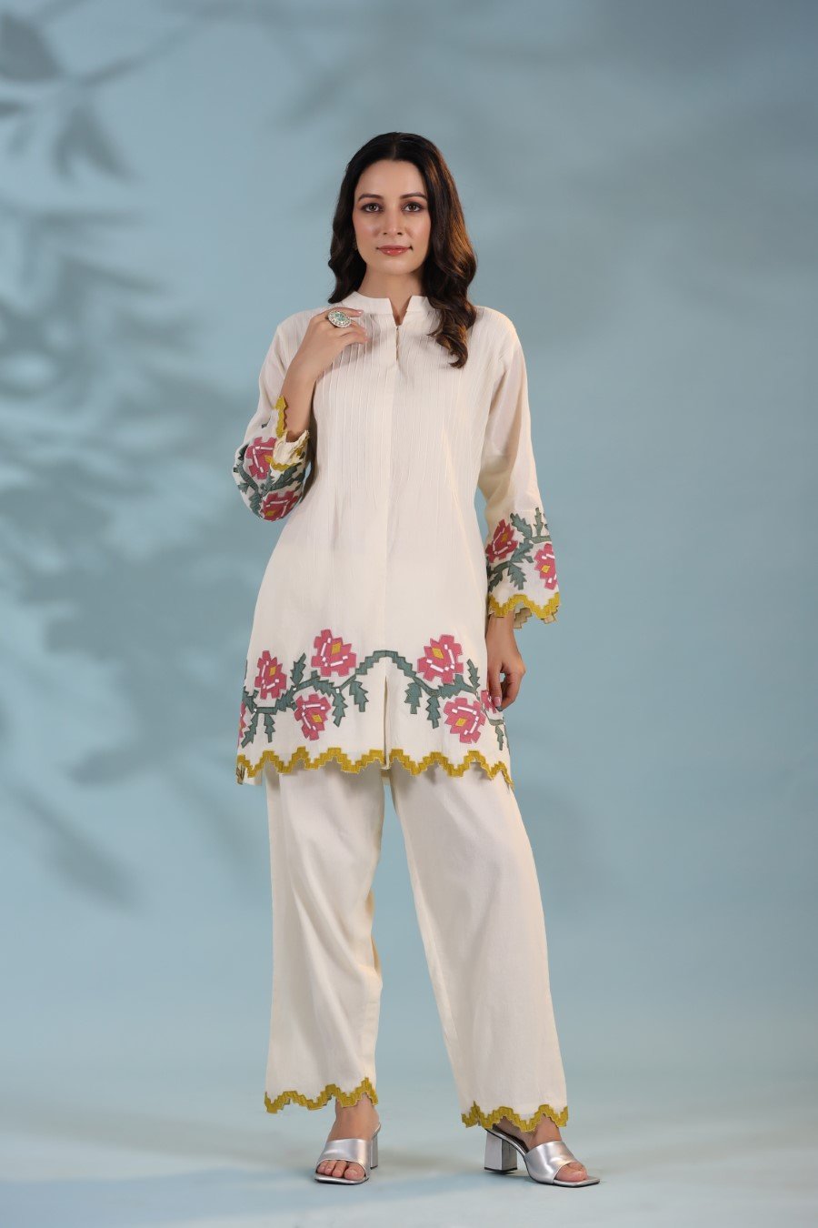 Off White Cutwork Applique Embroidered Co-ord Set