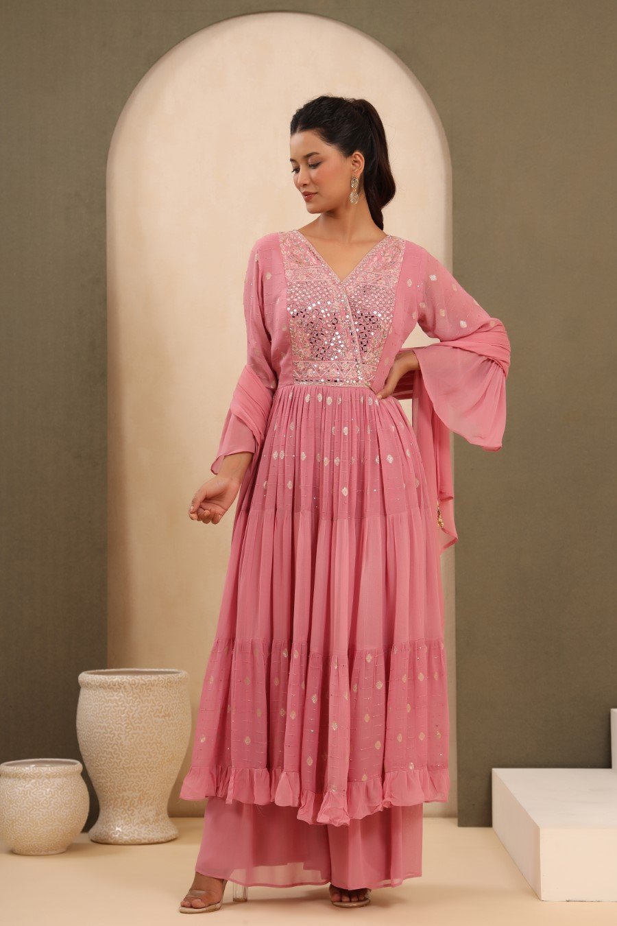 Fawn Pink Sequin &amp; Mirorr Embroidered Palazzo Set