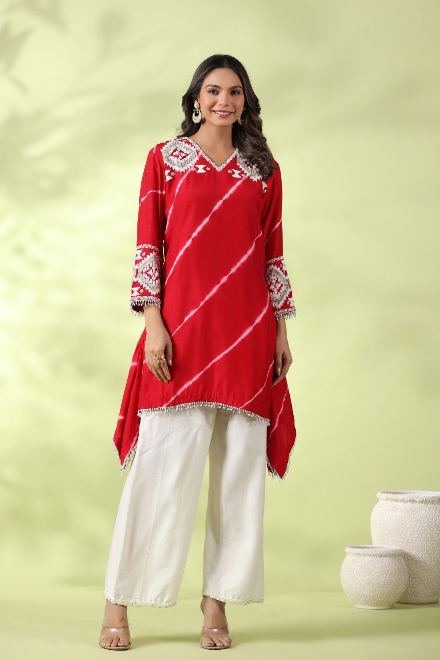 Red Tie-dyed &amp; Embroidered Asymmetrical Kurta with Palazzo