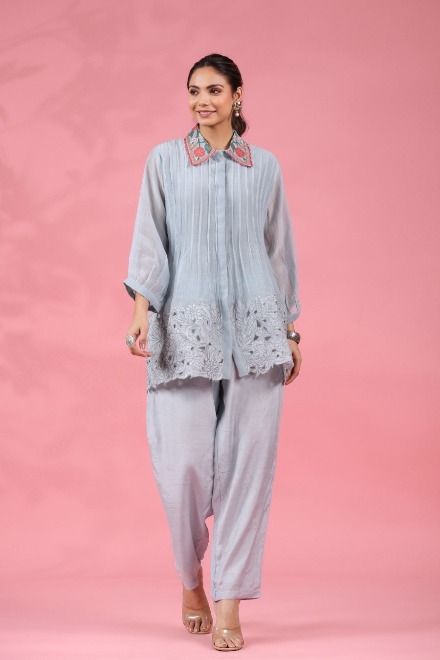 Pastel Blue Chanderi Silk Embroidered Co-ord Set
