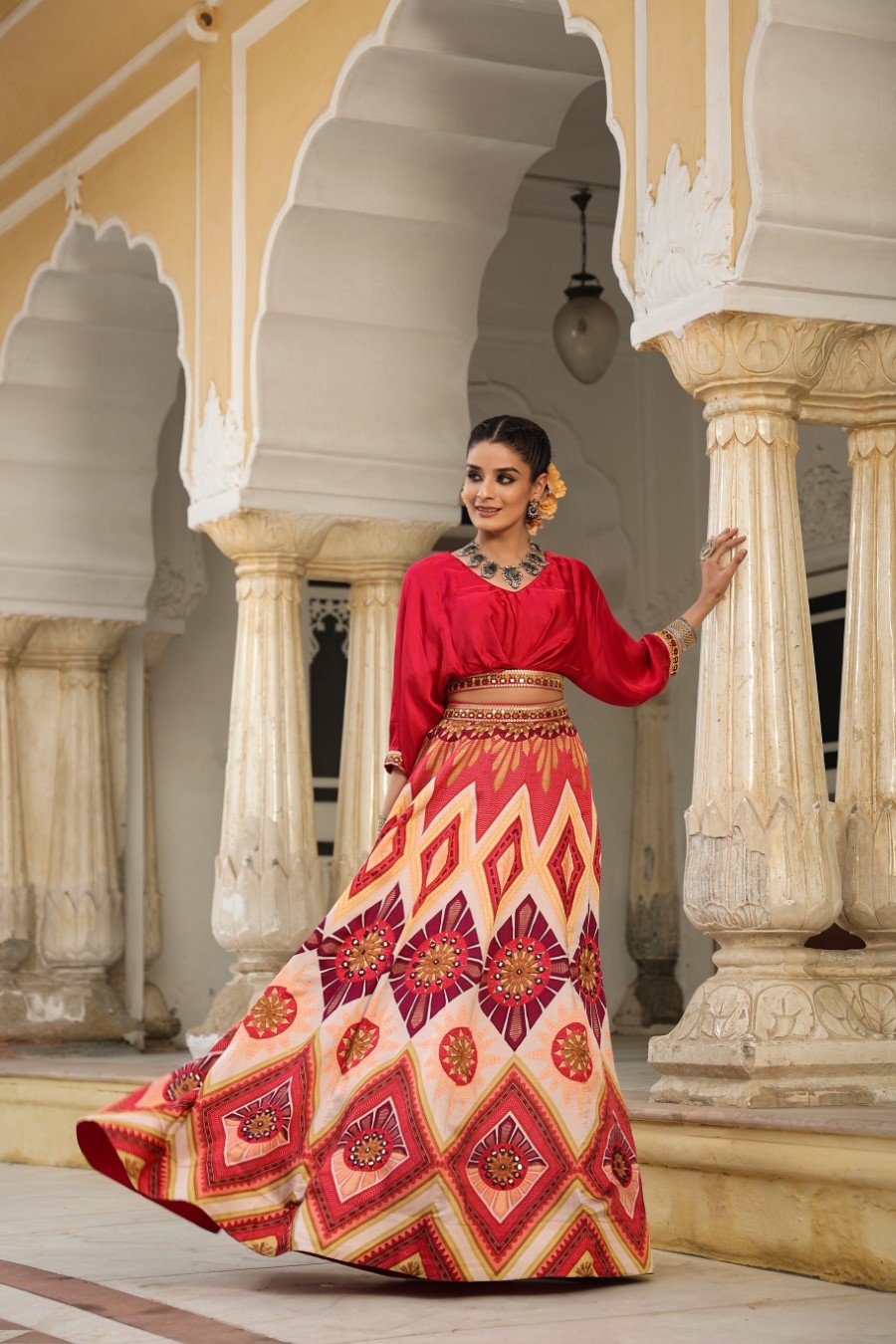 Rose Red Ethnic Skirt with Crop Top