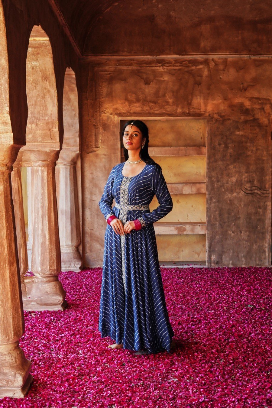 Navy Blue Leheriya Embellished Anarkali Set with Belt
