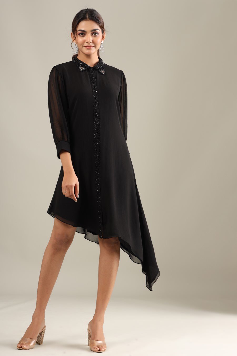 Black Georgette Silk High Low Shirt Dress