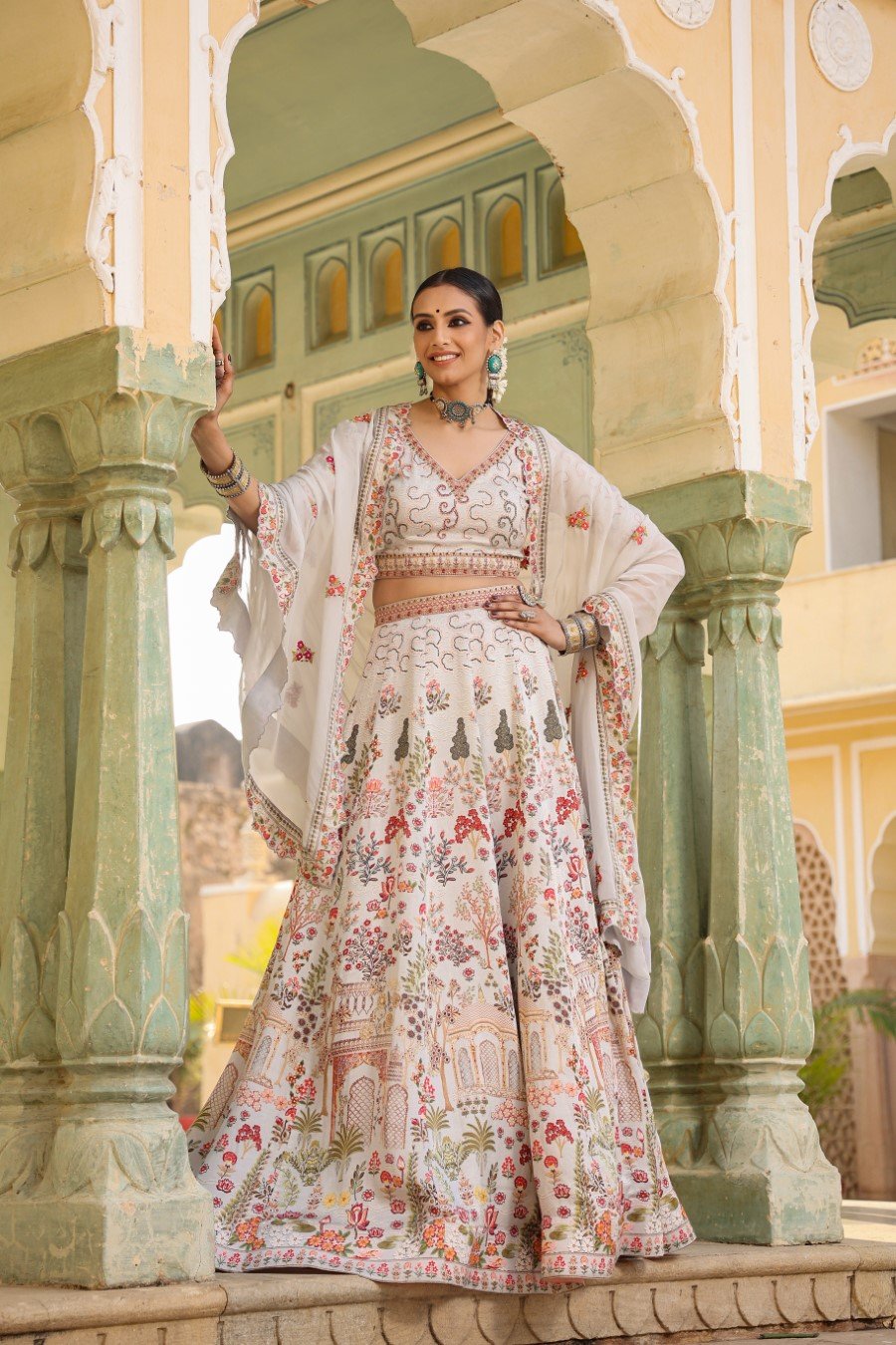 Ice Blue Mughal Raw Silk Lehenga Set