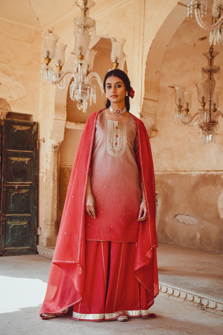 Red Ombre Embroidered  Sharara Set