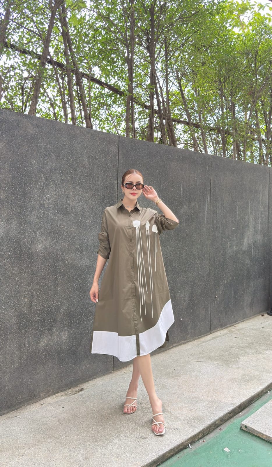 Moss Green Plastisol Print Cotton Tunic Dress