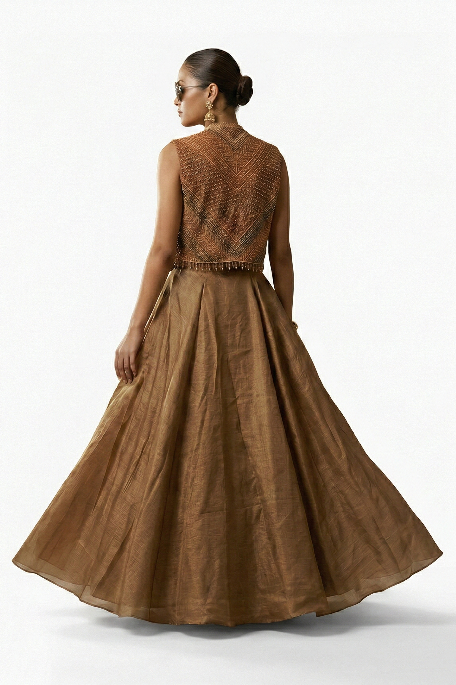Earthy Amber Embellished Tissue Silk Skirt Set