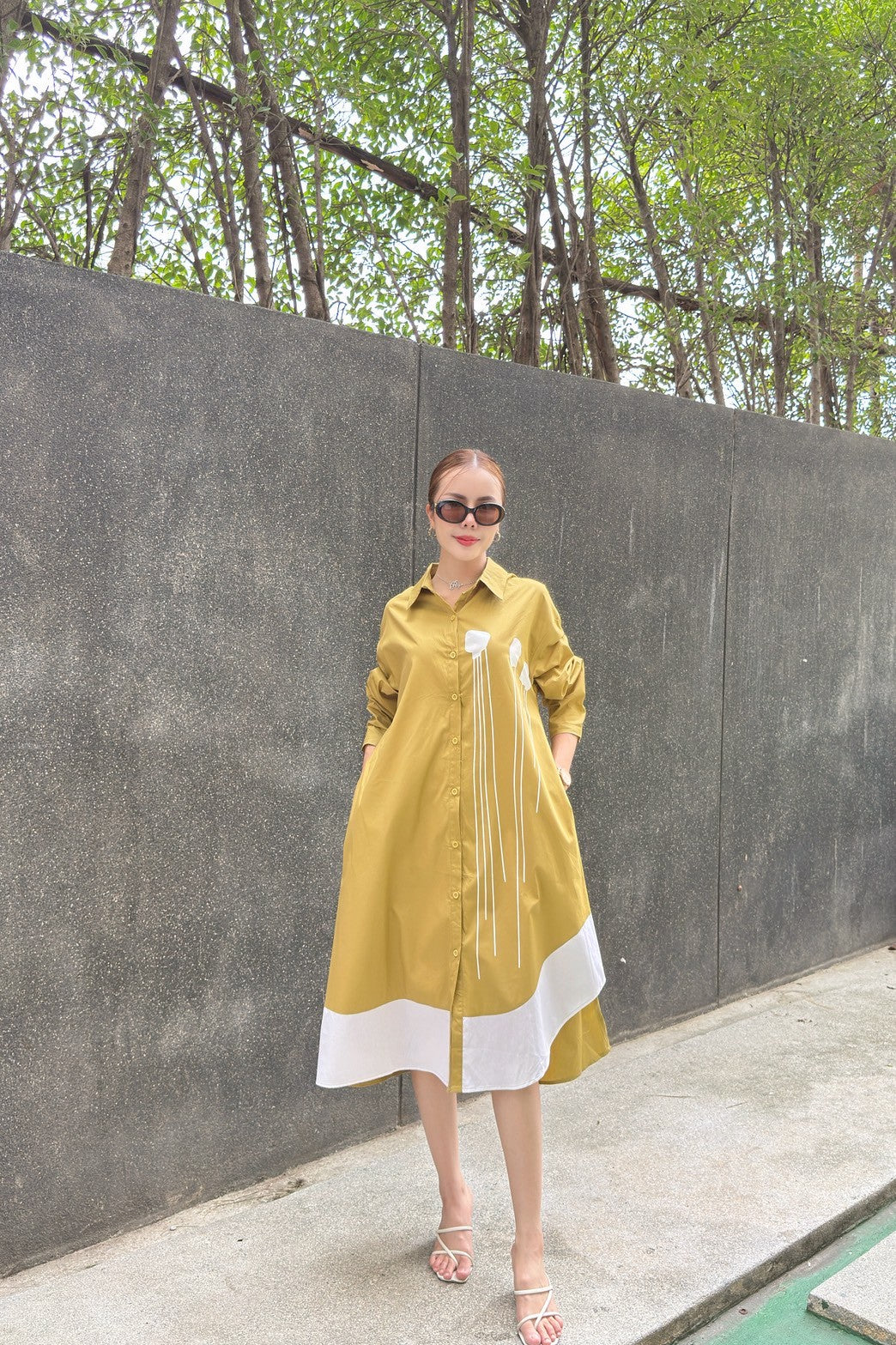 Mustard Yellow Plastisol Print Cotton Tunic Dress