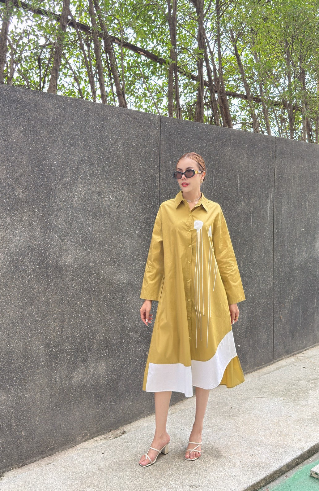 Mustard Yellow Plastisol Print Cotton Tunic Dress