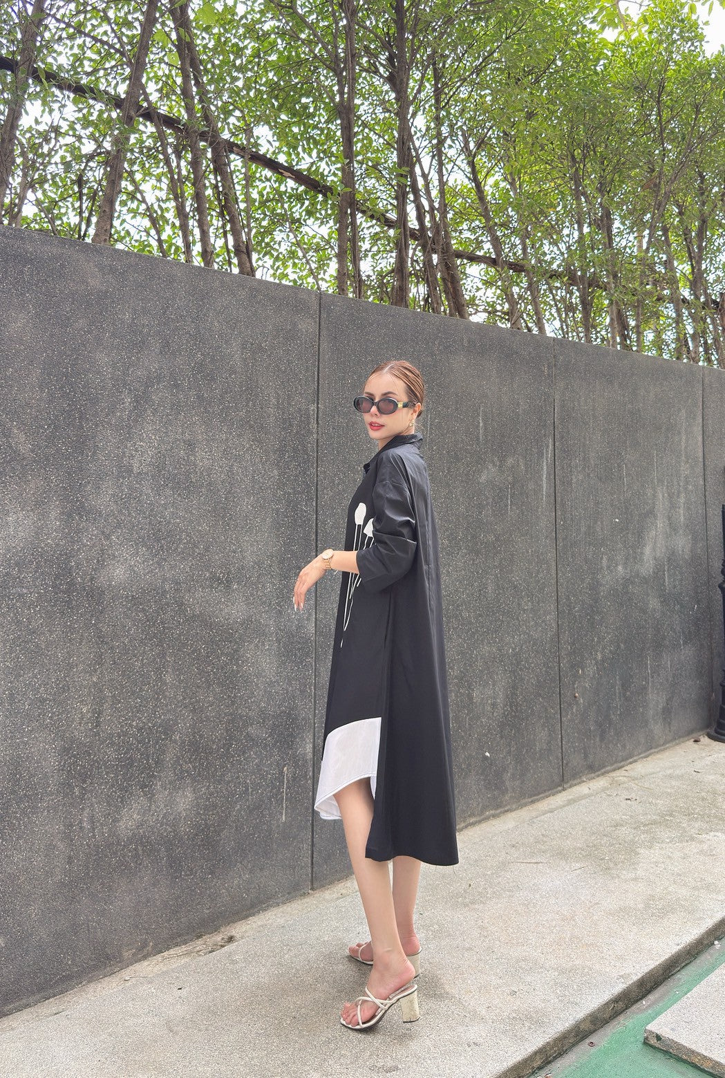 Black Plastisol Print Cotton Tunic Dress