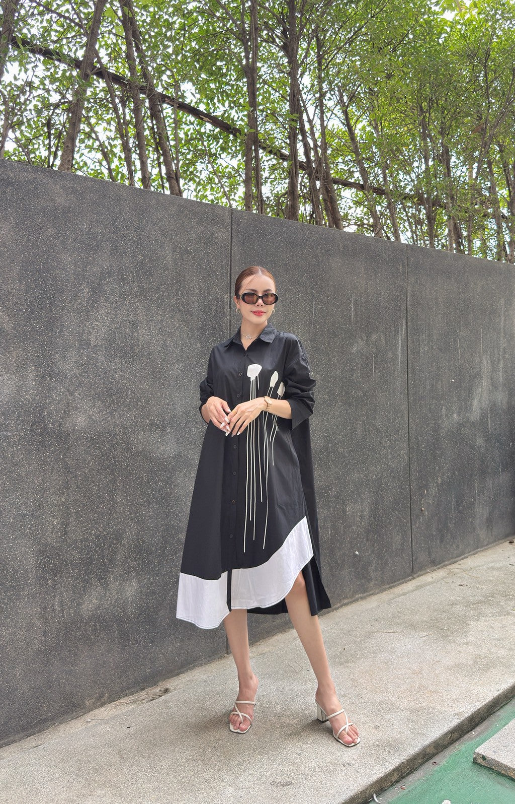 Black Plastisol Print Cotton Tunic Dress