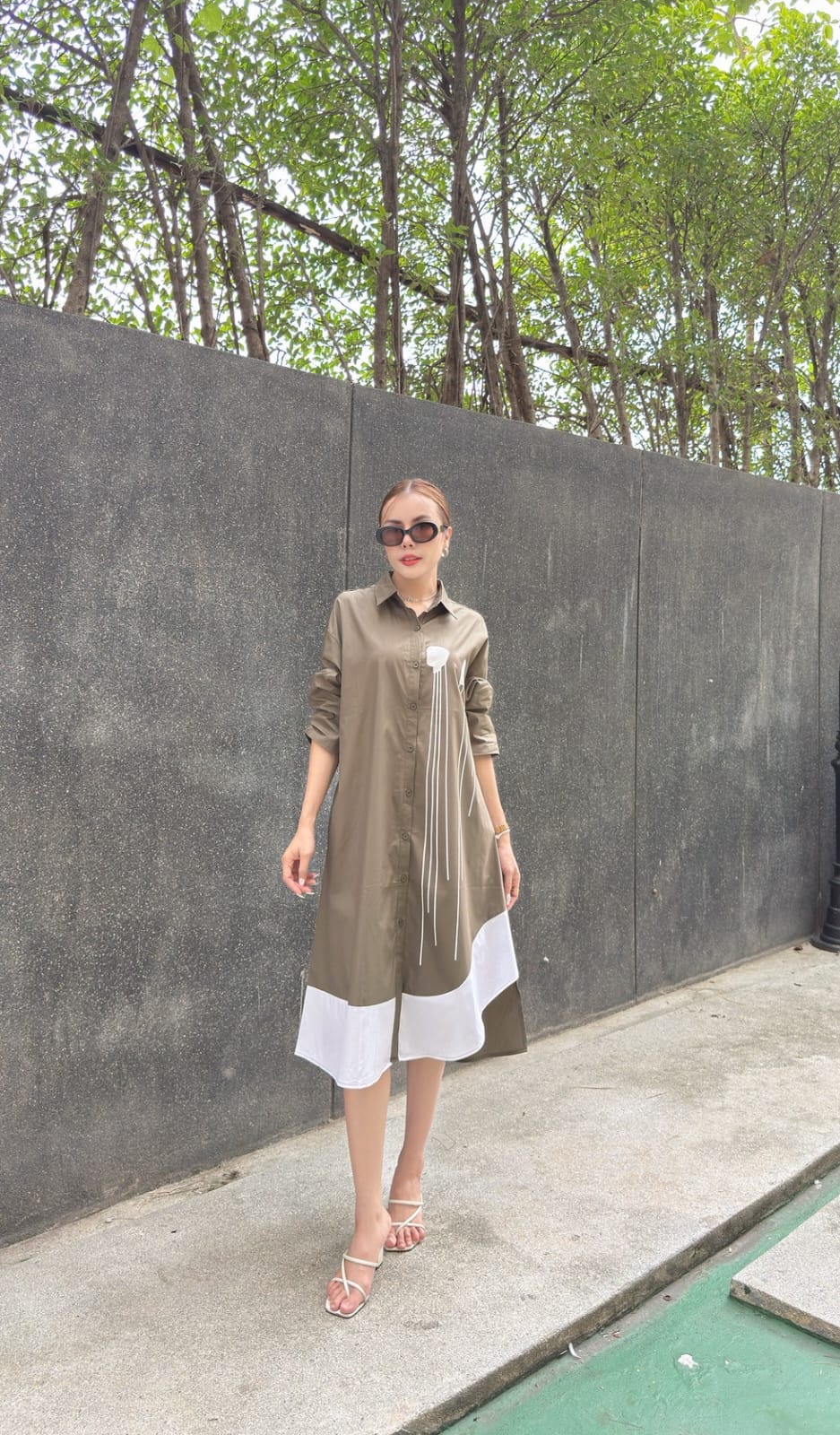 Moss Green Plastisol Print Cotton Tunic Dress