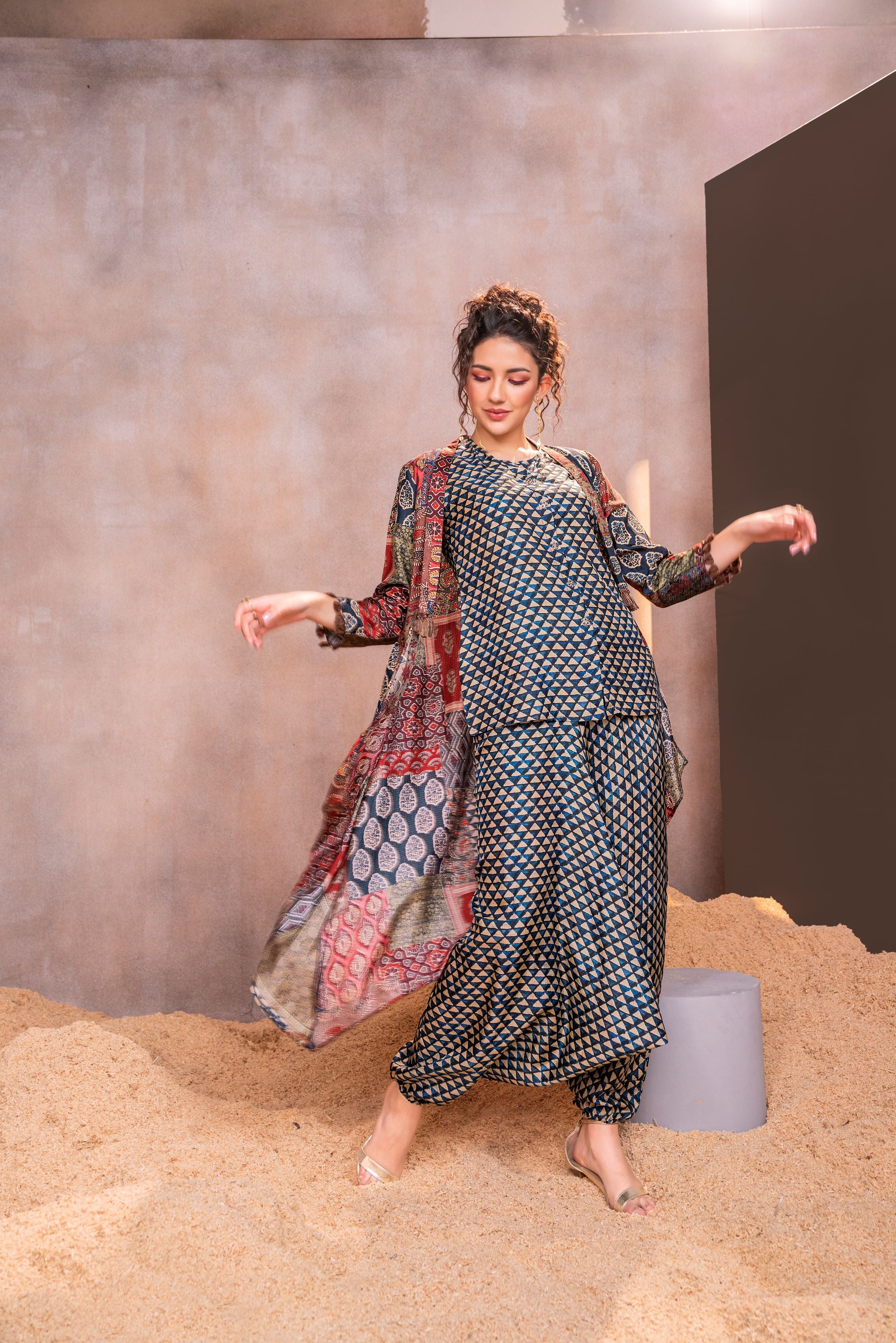 Blue Traditional Printed Premium Silk Cape Set