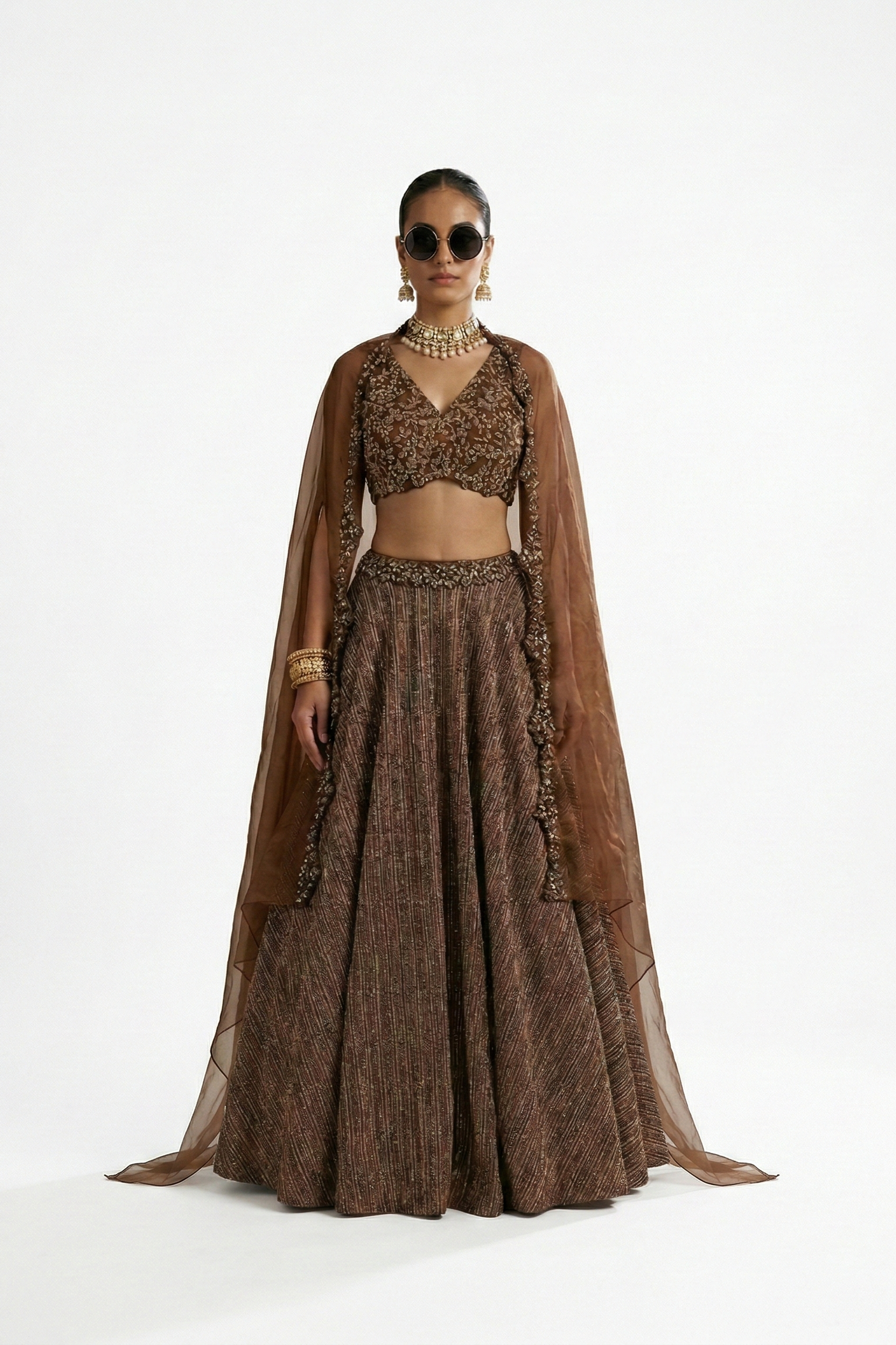Cocoa Royale Embellished Organza Silk Cape Set