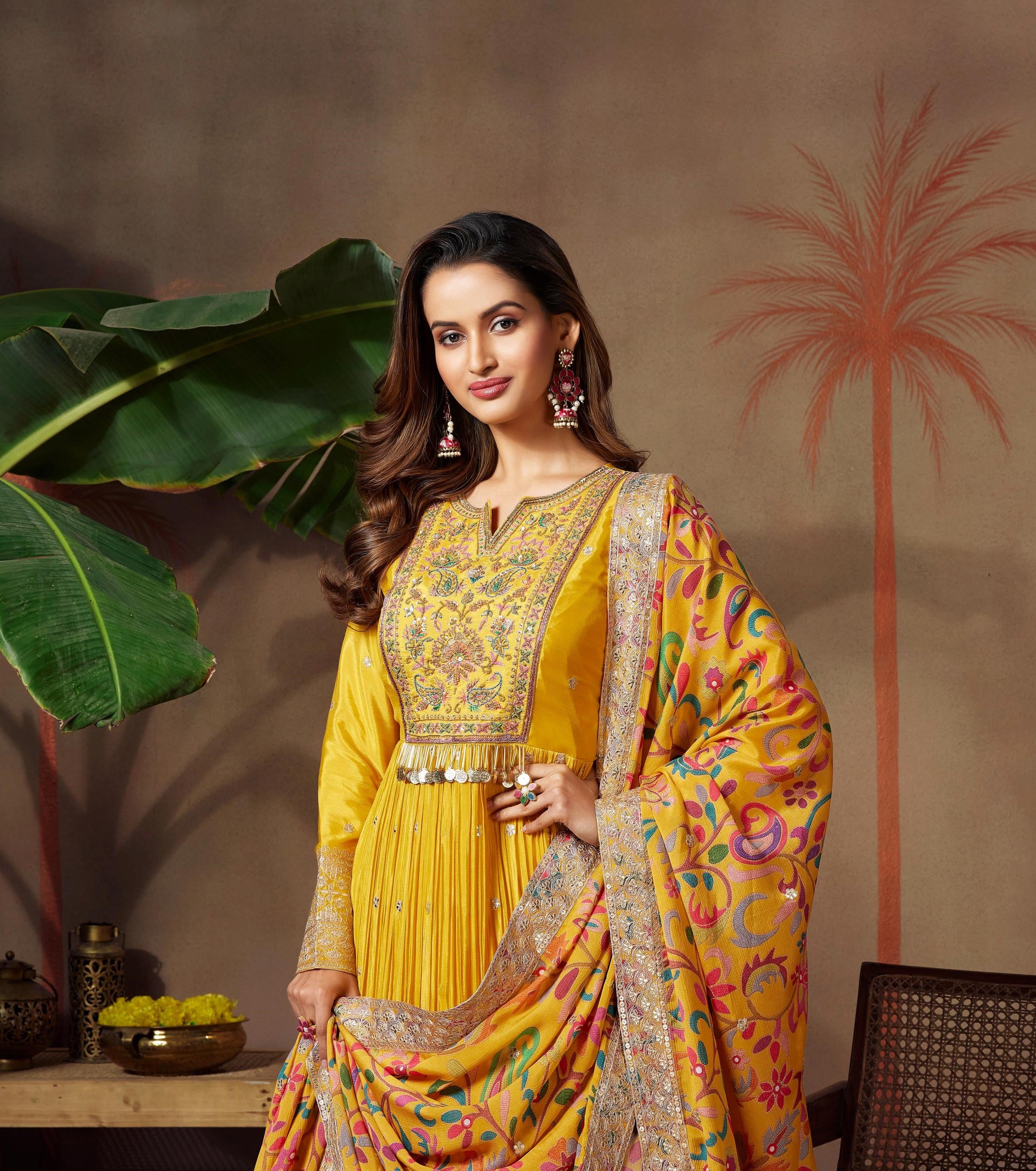 Classic Yellow Embellished Premium Chinon Silk Anarkali Set