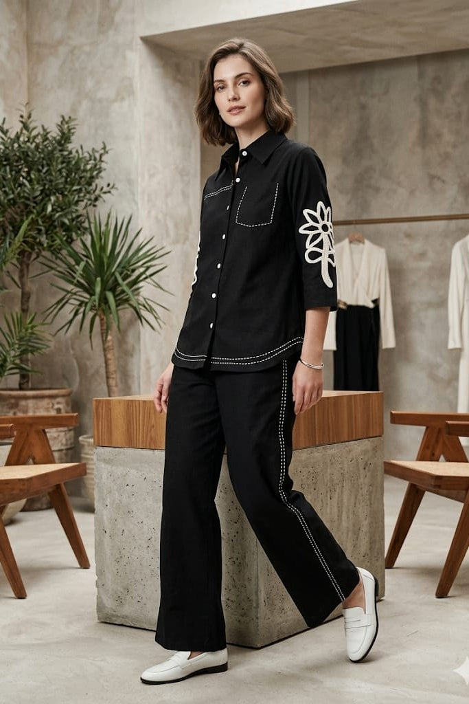 Jet Black Embroidered Cotton Linen Co-Ord Set