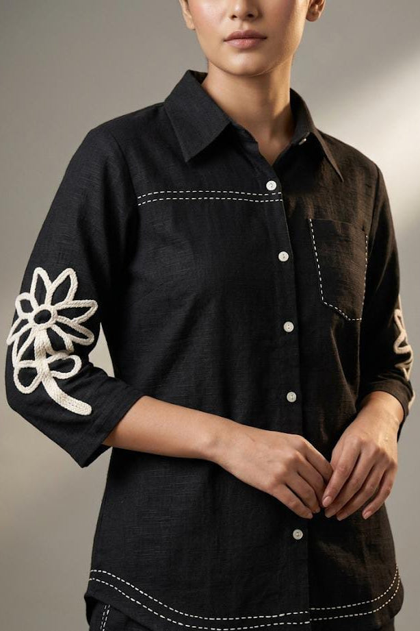 Jet Black Embroidered Cotton Linen Co-Ord Set