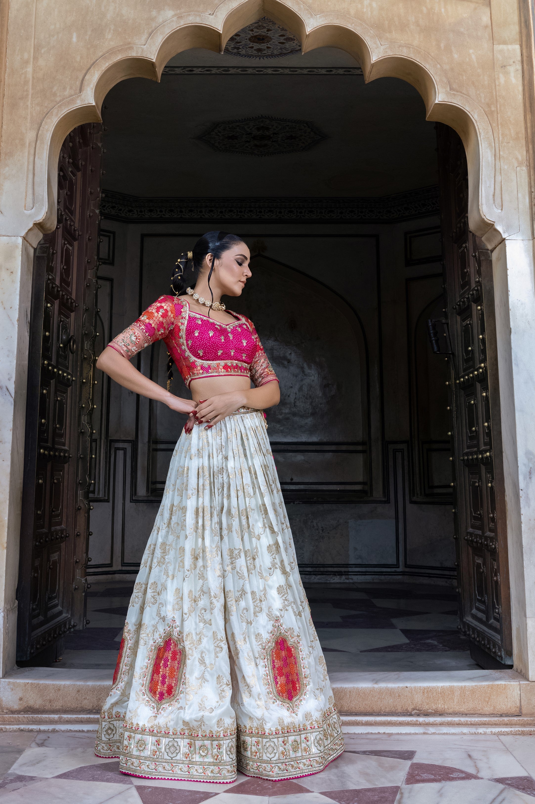 White Handwork Satin Silk Lehenga Set