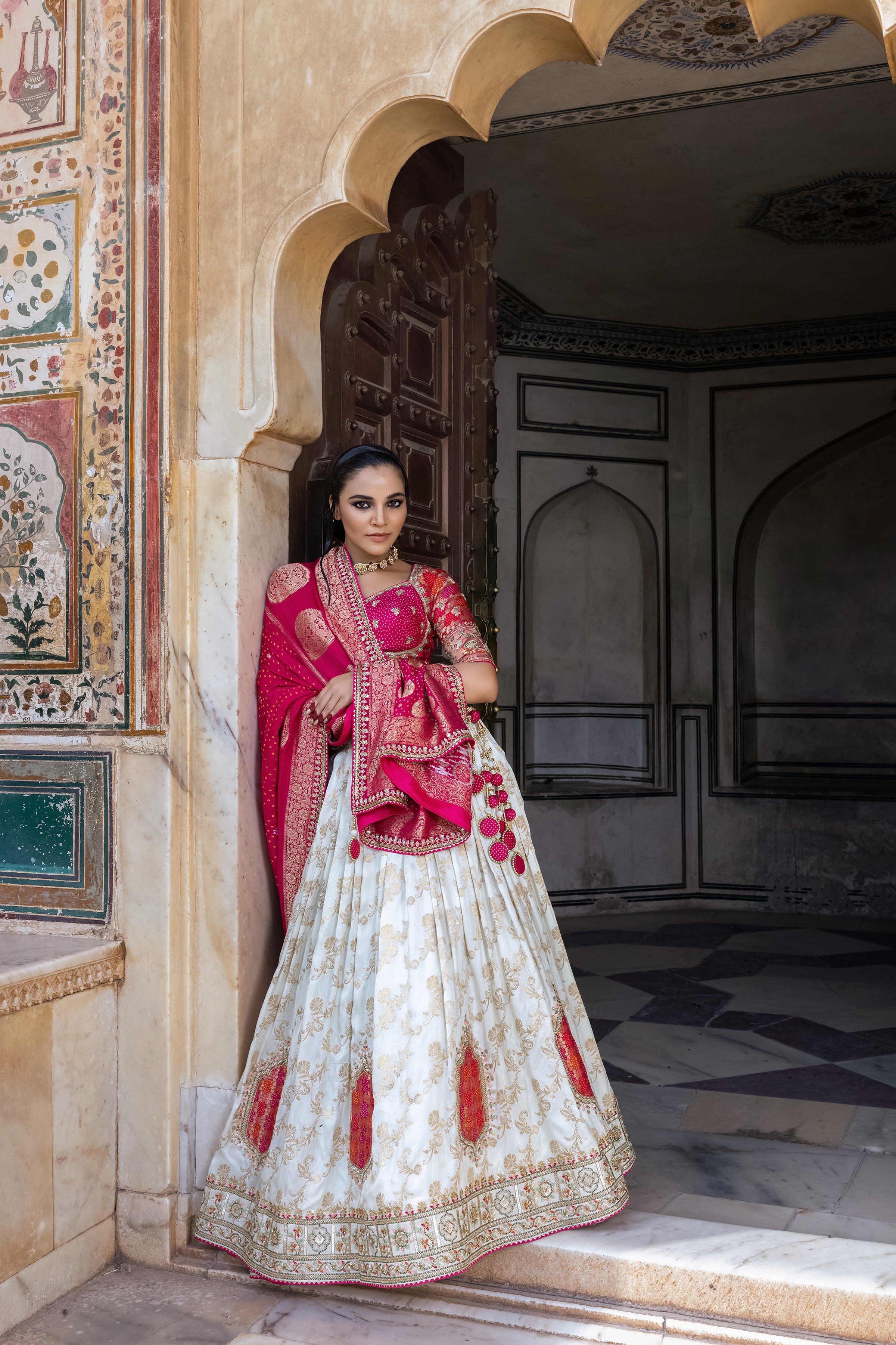 White Handwork Satin Silk Lehenga Set